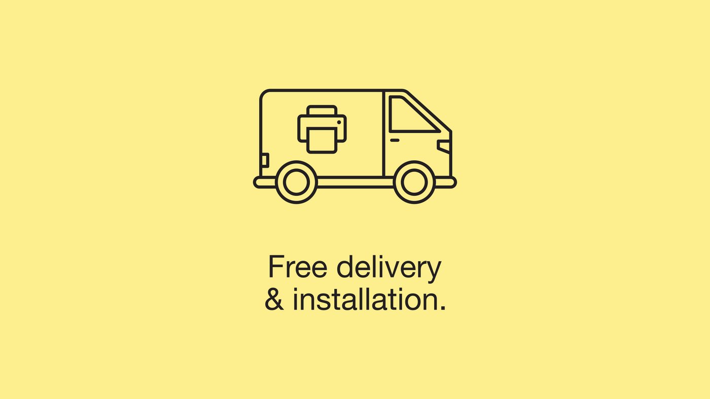 A delivery van icon with a printer symbol on the side and text reading free delivery and installation on a yellow background.